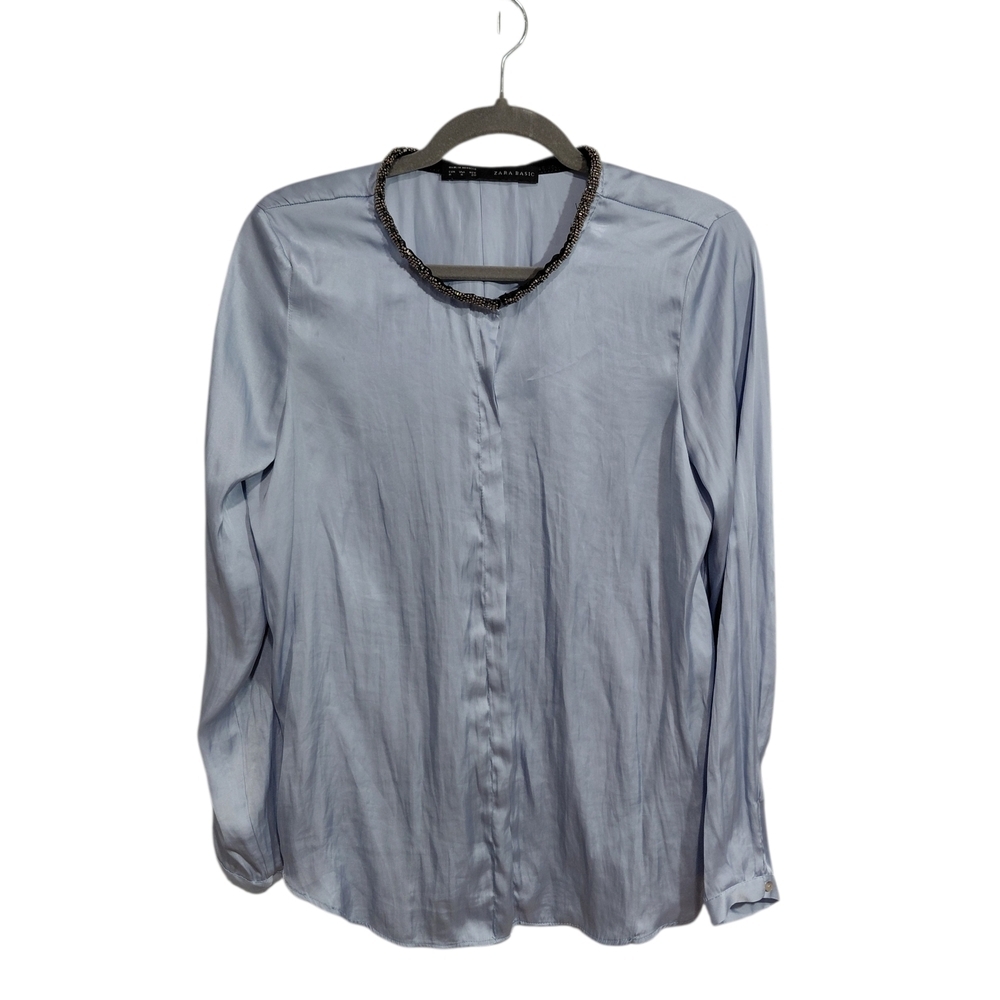 Zara Light Blue Long-Sleeve V-Neck Blouse
